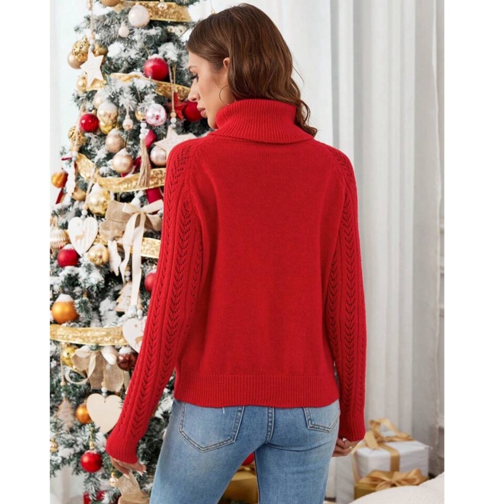 Merry Christmas Themed Knit High Neck Cable Sleeve Red Sweater - Picture 3 of 6